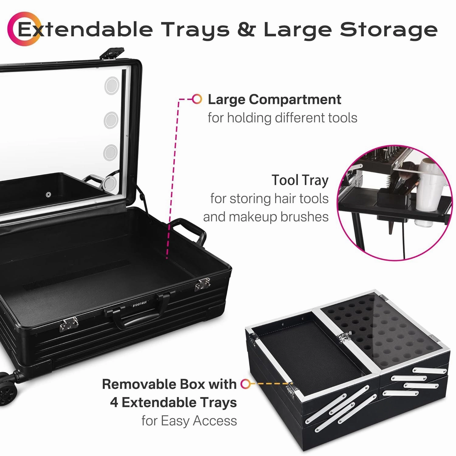 BYOOTIQUE Rolling Makeup Case with LED Lighted Mirror 24 Inch Professional Cosmetic Organizer Storage Travel Aluminum Trolley Case with Extendable Tray Adjustable Leg For Makeup Artist Studio Salon