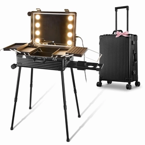 BYOOTIQUE Rolling Makeup Case with LED Lighted Mirror 24 Inch Professional Cosmetic Organizer Storage Travel Aluminum Trolley Case with Extendable Tray Adjustable Leg For Makeup Artist Studio Salon