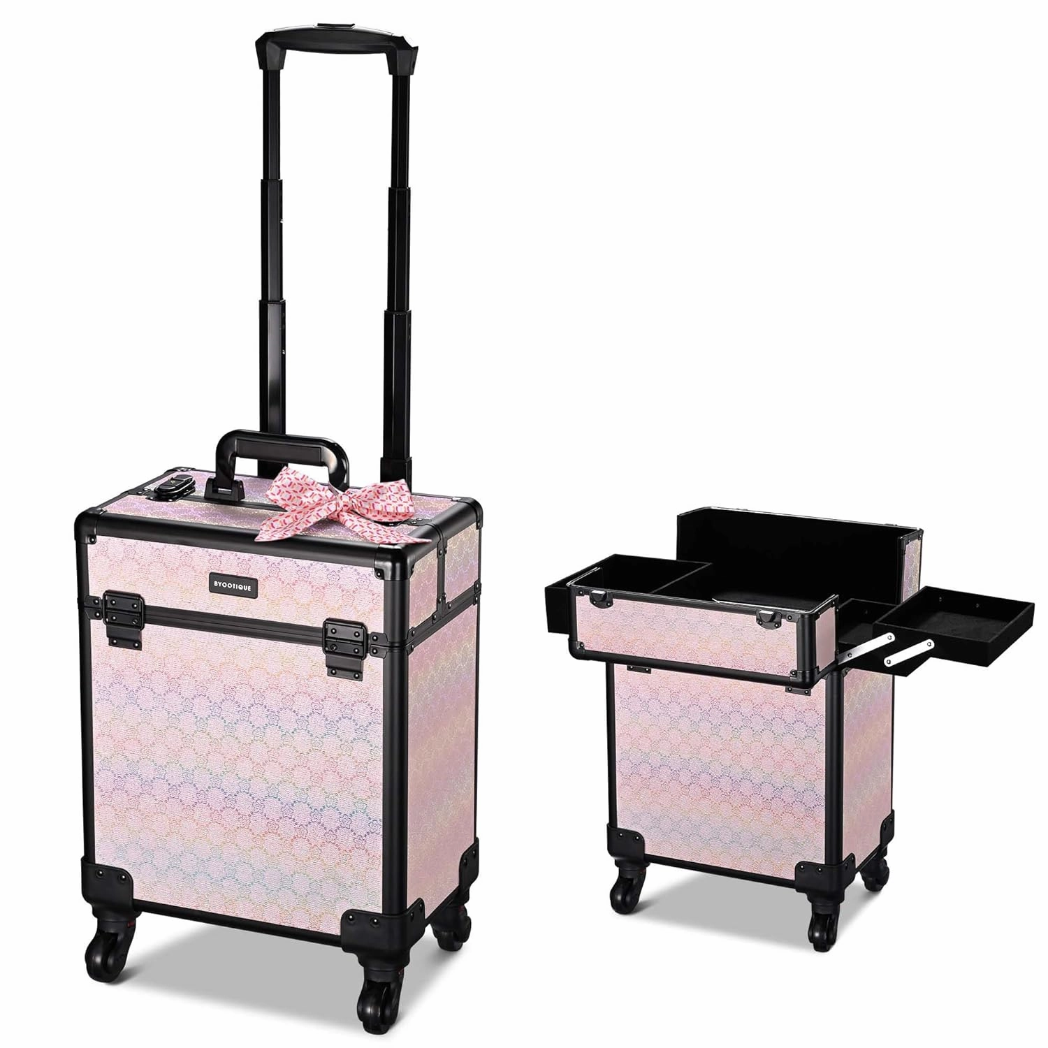 BYOOTIQUE Rolling Makeup Train Case on Wheels Cosmetology Organizer Box Professional Aluminum Cosmetic Trolley Travel Suitcase for Salon Barber Hairstylist Artist,Blush ForgetMeNot