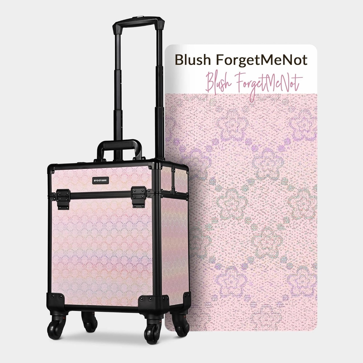 BYOOTIQUE Rolling Makeup Train Case on Wheels Cosmetology Organizer Box Professional Aluminum Cosmetic Trolley Travel Suitcase for Salon Barber Hairstylist Artist,Blush ForgetMeNot