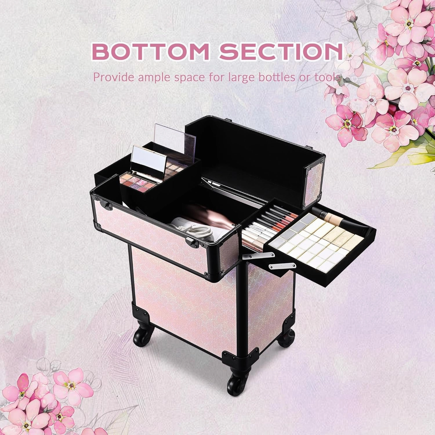 BYOOTIQUE Rolling Makeup Train Case on Wheels Cosmetology Organizer Box Professional Aluminum Cosmetic Trolley Travel Suitcase for Salon Barber Hairstylist Artist,Blush ForgetMeNot