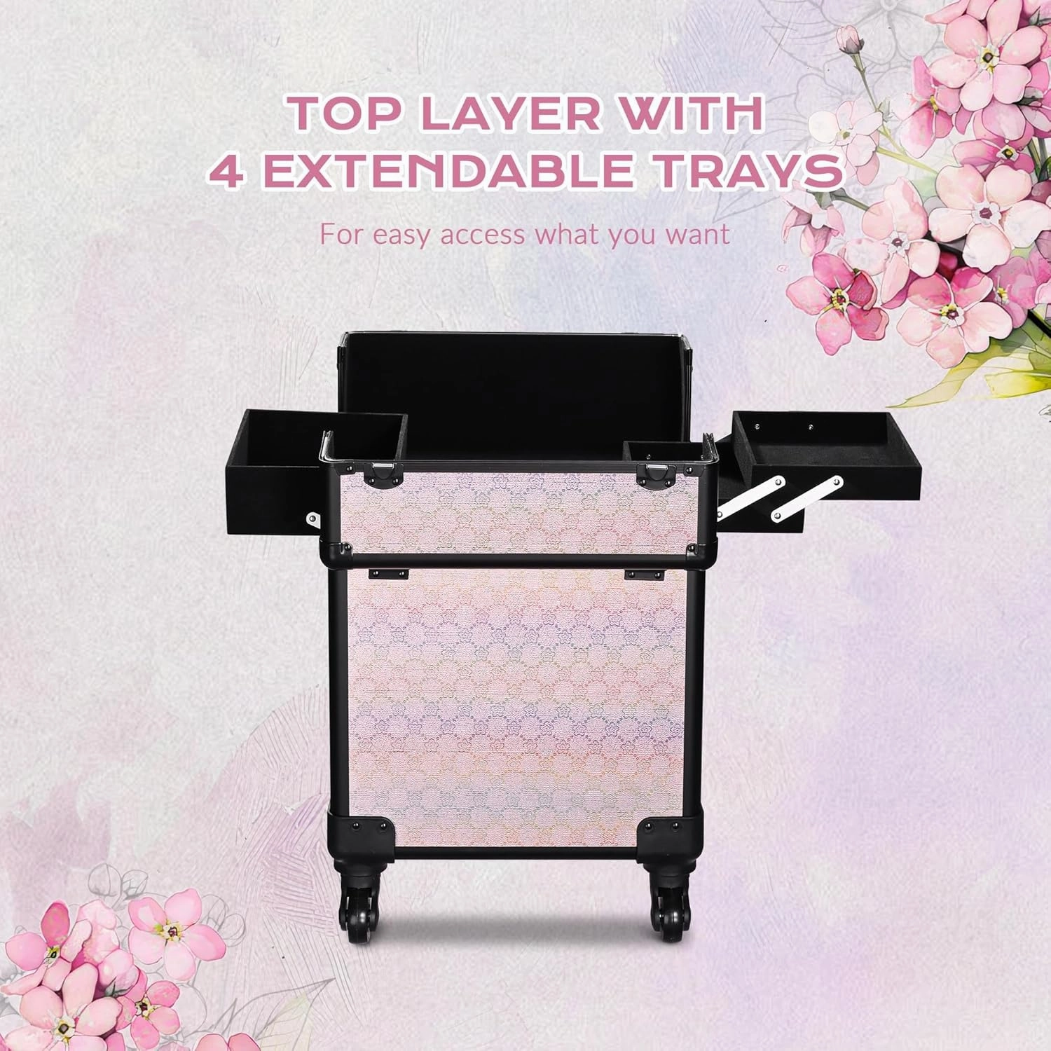 BYOOTIQUE Rolling Makeup Train Case on Wheels Cosmetology Organizer Box Professional Aluminum Cosmetic Trolley Travel Suitcase for Salon Barber Hairstylist Artist,Blush ForgetMeNot