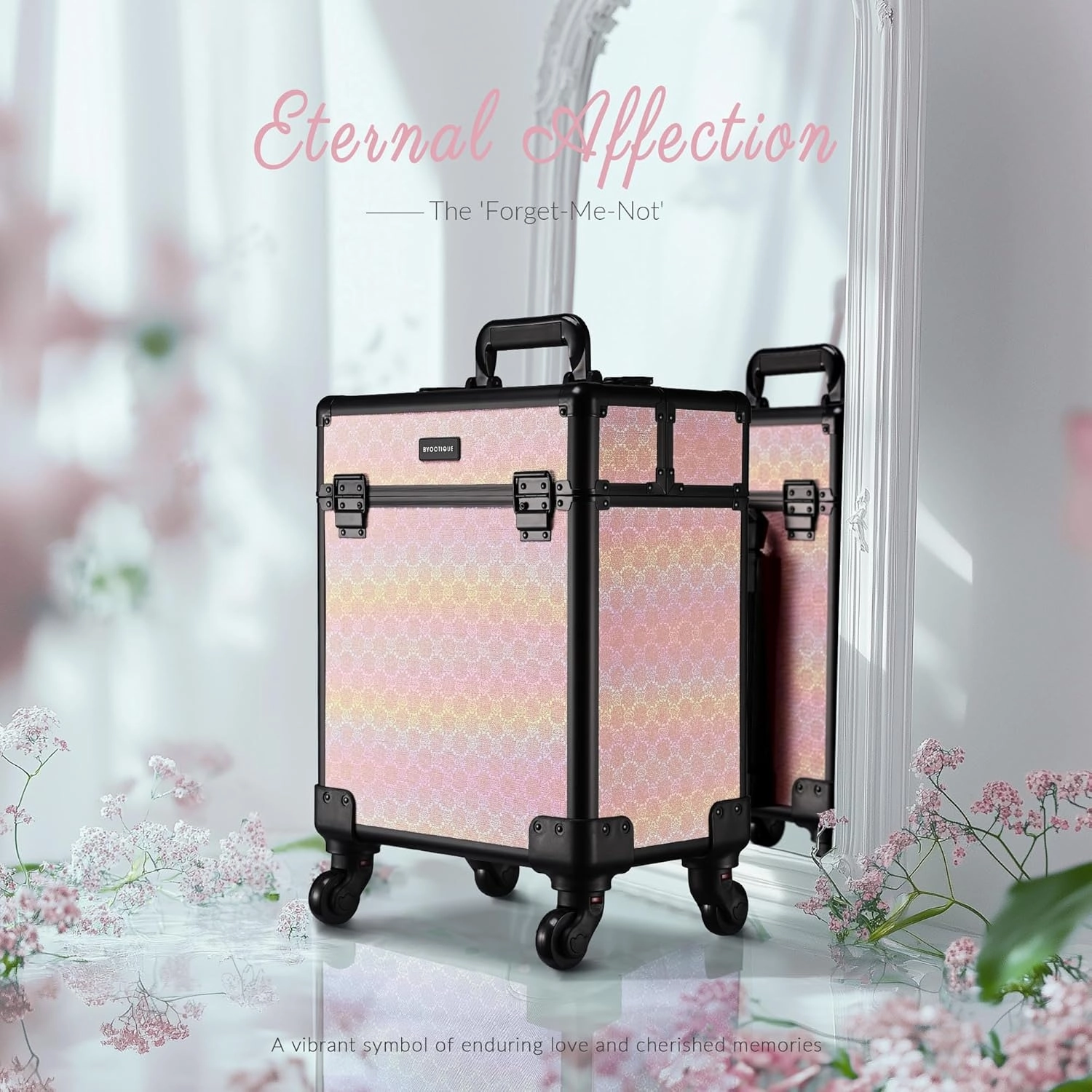 BYOOTIQUE Rolling Makeup Train Case on Wheels Cosmetology Organizer Box Professional Aluminum Cosmetic Trolley Travel Suitcase for Salon Barber Hairstylist Artist,Blush ForgetMeNot