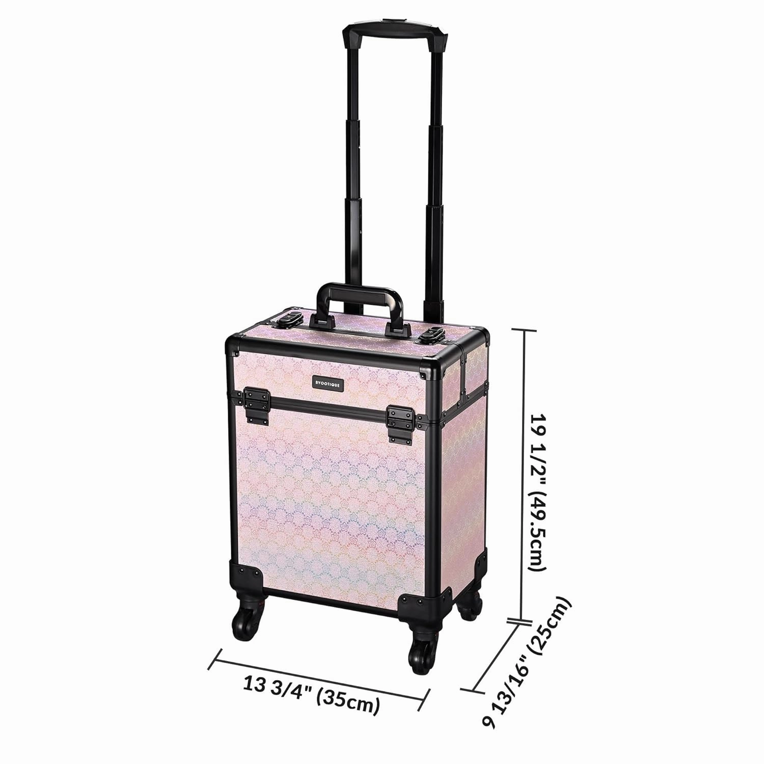 BYOOTIQUE Rolling Makeup Train Case on Wheels Cosmetology Organizer Box Professional Aluminum Cosmetic Trolley Travel Suitcase for Salon Barber Hairstylist Artist,Blush ForgetMeNot
