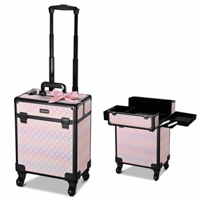 BYOOTIQUE Rolling Makeup Train Case on Wheels Cosmetology Organizer Box Professional Aluminum Cosmetic Trolley Travel Suitcase for Salon Barber Hairstylist Artist,Blush ForgetMeNot
