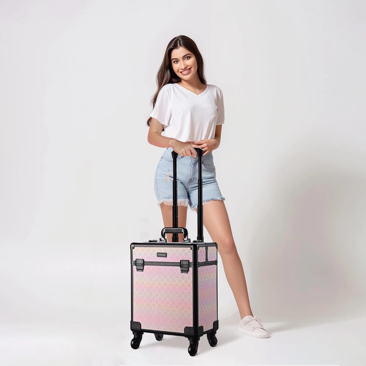BYOOTIQUE Rolling Makeup Train Case on Wheels Cosmetology Organizer Box Professional Aluminum Cosmetic Trolley Travel Suitcase for Salon Barber Hairstylist Artist,Blush ForgetMeNot