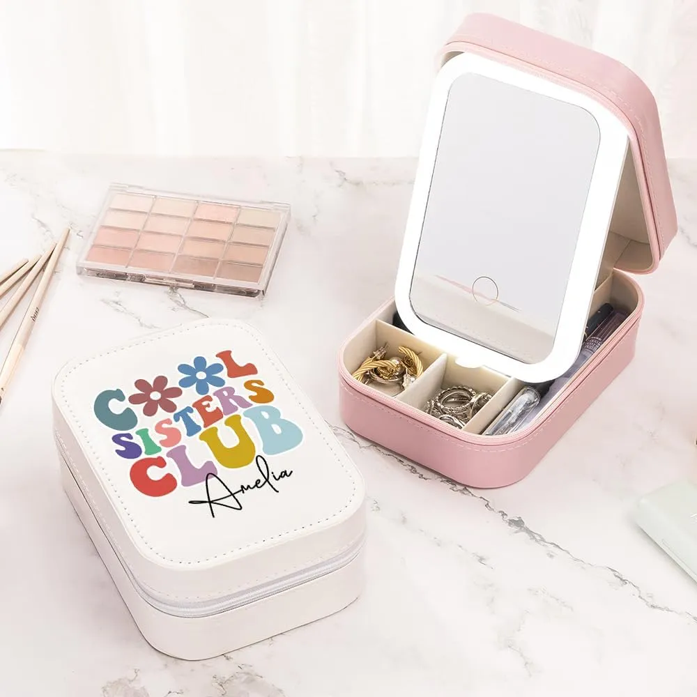 callie Personalized LED Travel Leather Jewelry Case and Makeup Bag with Mirror, Dust-Proof Jewelry Box, Compact Cosmetic Mirror Case for Women Girls Travel Essentials