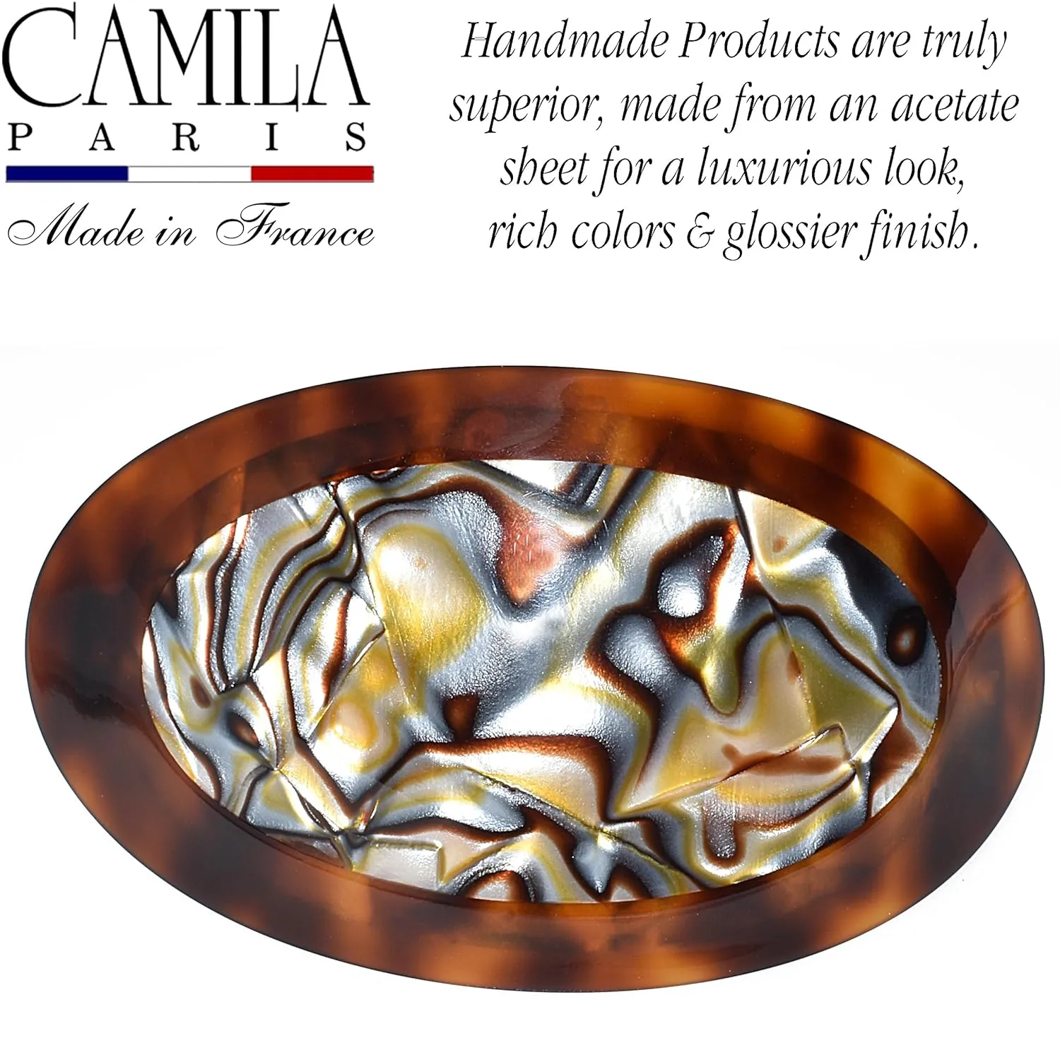 Camila Paris CP3644 French Hair Barrette Clip Oval Brown and Onyx, Strong Hold Grip Hair Clips for Women, No Slip Rubberized Metal Closure, Durable Styling Girls Hair Accessories, Made in France