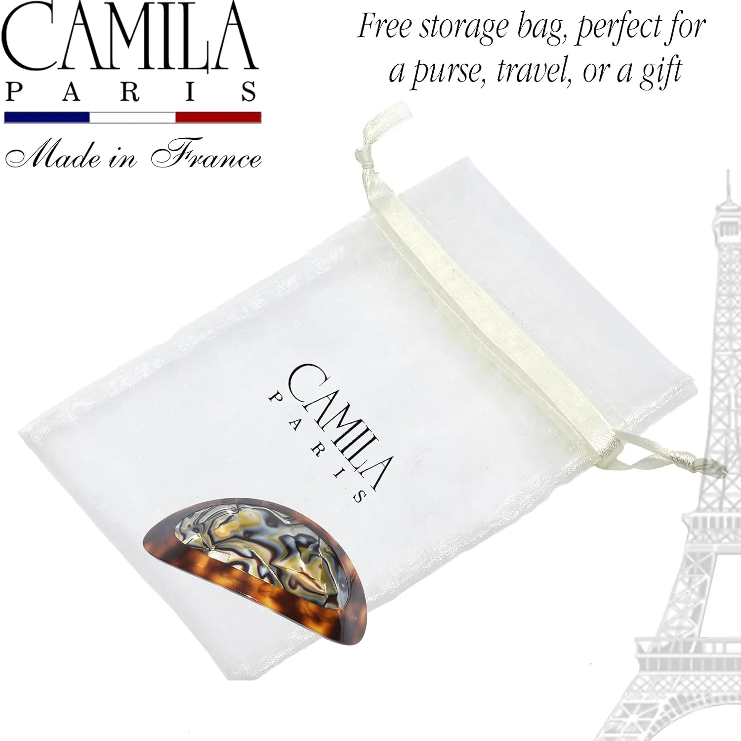 Camila Paris CP3644 French Hair Barrette Clip Oval Brown and Onyx, Strong Hold Grip Hair Clips for Women, No Slip Rubberized Metal Closure, Durable Styling Girls Hair Accessories, Made in France