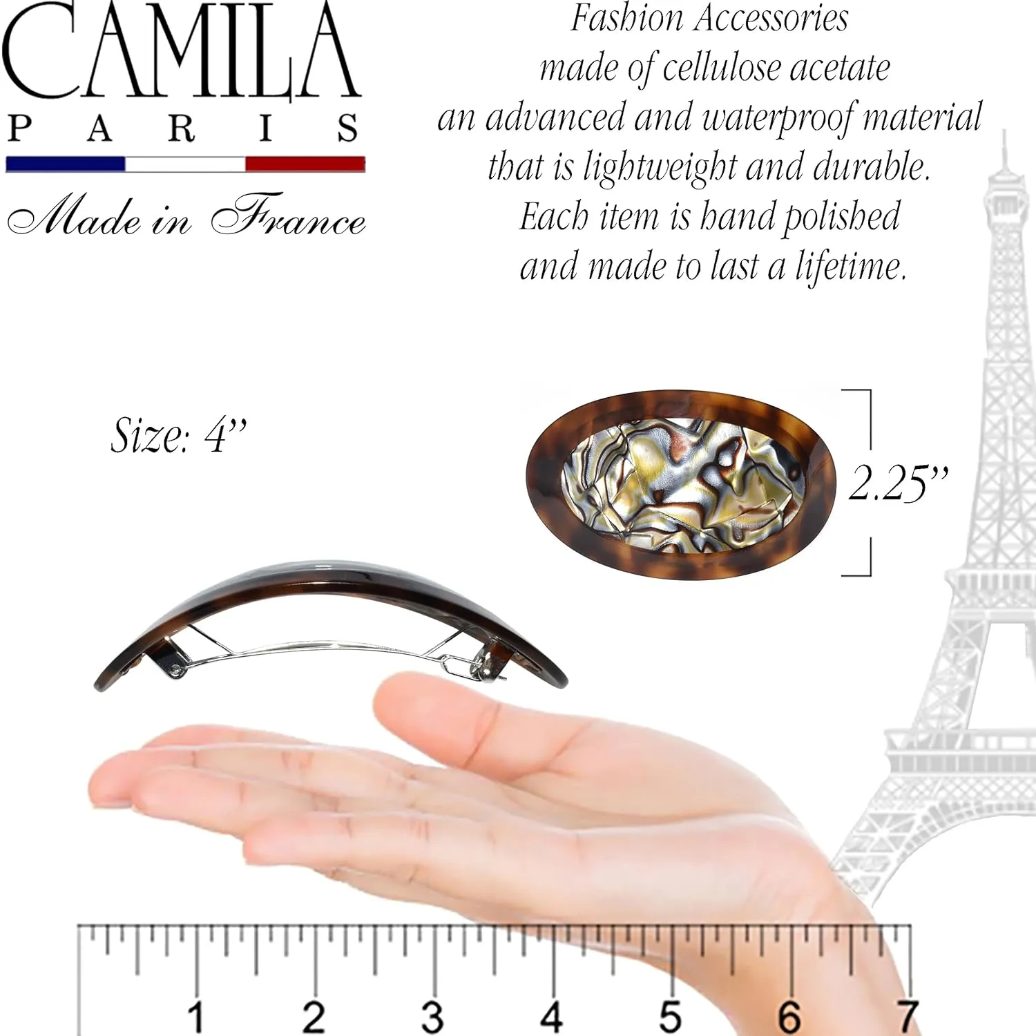 Camila Paris CP3644 French Hair Barrette Clip Oval Brown and Onyx, Strong Hold Grip Hair Clips for Women, No Slip Rubberized Metal Closure, Durable Styling Girls Hair Accessories, Made in France