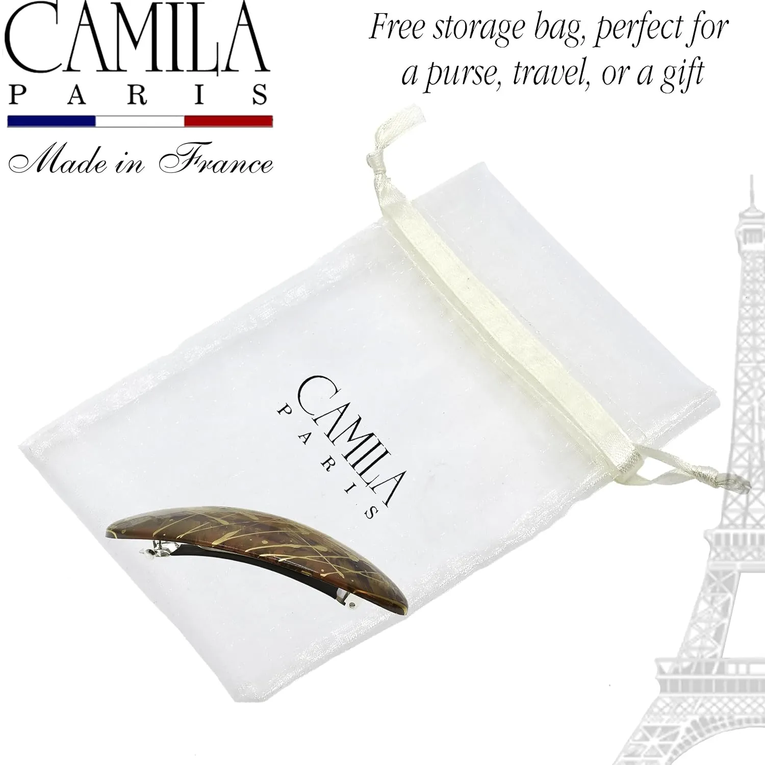 Camila Paris CP3872 French Hair Barrette Clip Oval Ligth Brown and Gold, Strong Hold Grip Hair Clips for Women, No Slip Rubberized Metal Closure, Durable Styling Girls Hair Accessories, Made in France