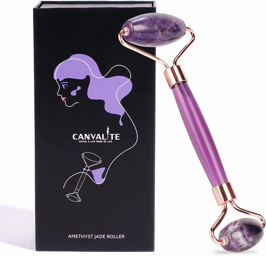 Canvalite Jade Roller for Face, 100% Amethyst Natural Face Roller Skin Care Tools for Puffy Eyes Relief Anti Aging, Face Massager for Women Reduce Wrinkles Dark Circles Fine Lines Jade Facial Roller