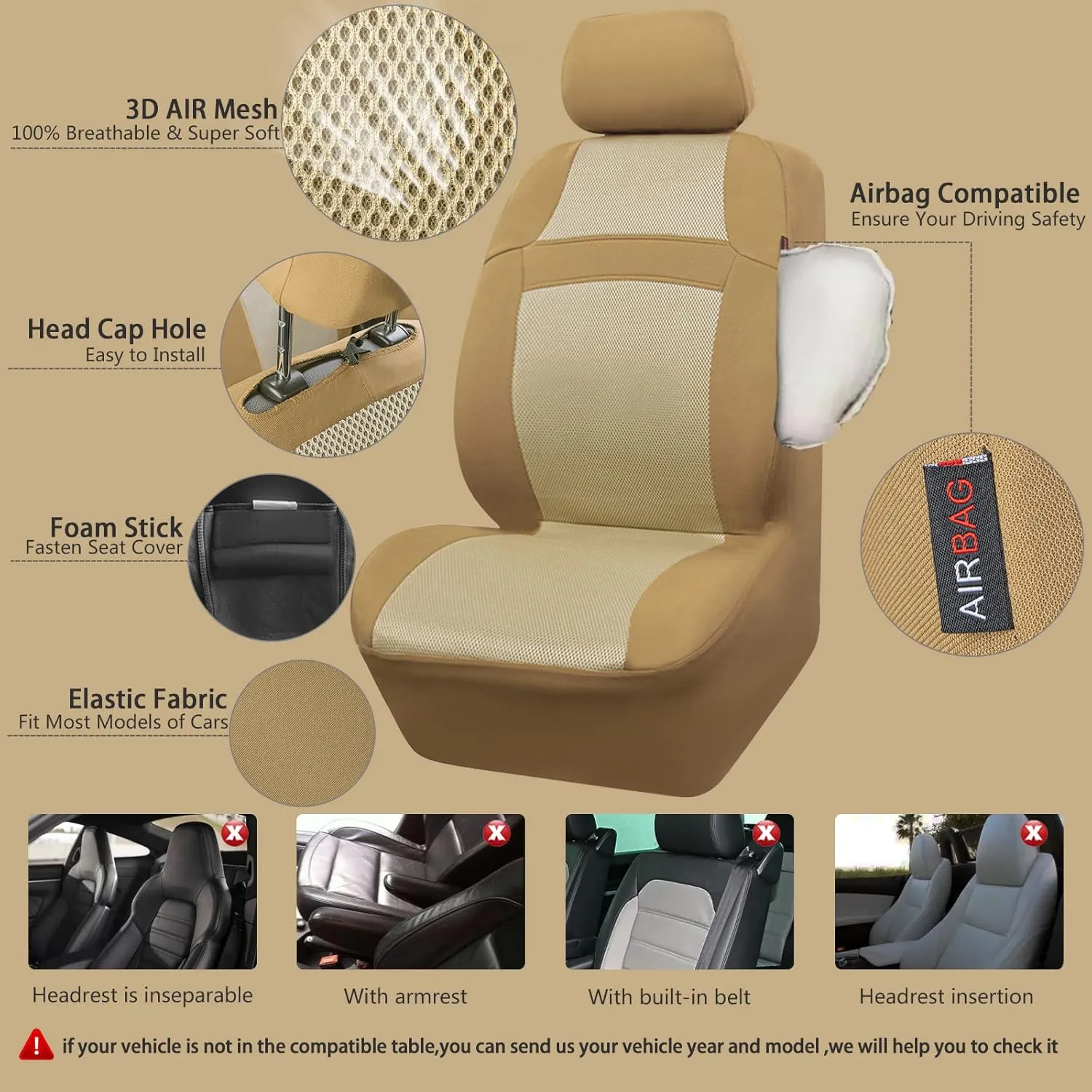 CAR PASS Seat Cover Full Sets, 3D Air Mesh Car Seat Cover with 5mm Composite Sponge Inside,Airbag Compatible Universal Fit for SUV,Vans,sedans, Trucks, Automotive Interior Covers (Pure Beige)