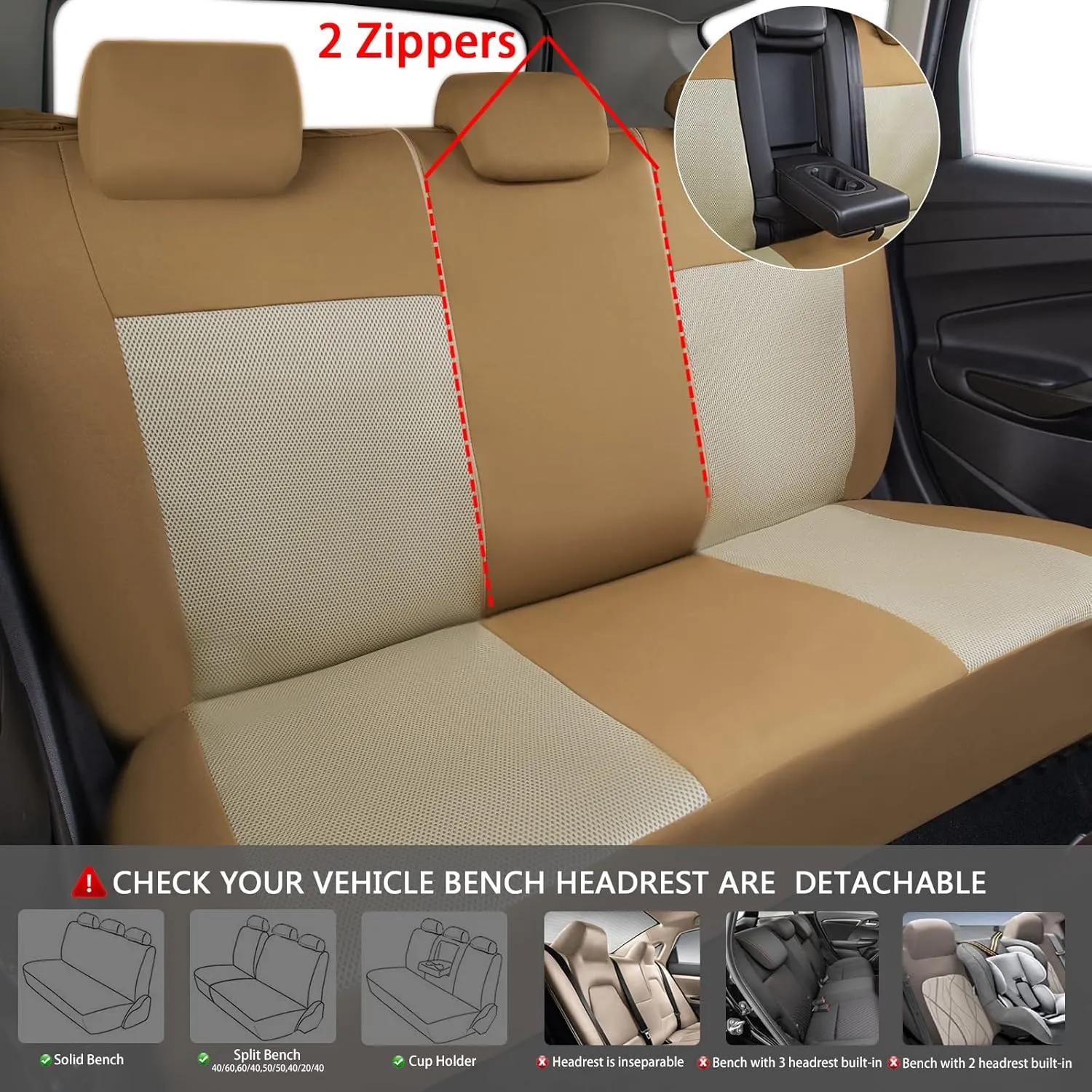 CAR PASS Seat Cover Full Sets, 3D Air Mesh Car Seat Cover with 5mm Composite Sponge Inside,Airbag Compatible Universal Fit for SUV,Vans,sedans, Trucks, Automotive Interior Covers (Pure Beige)