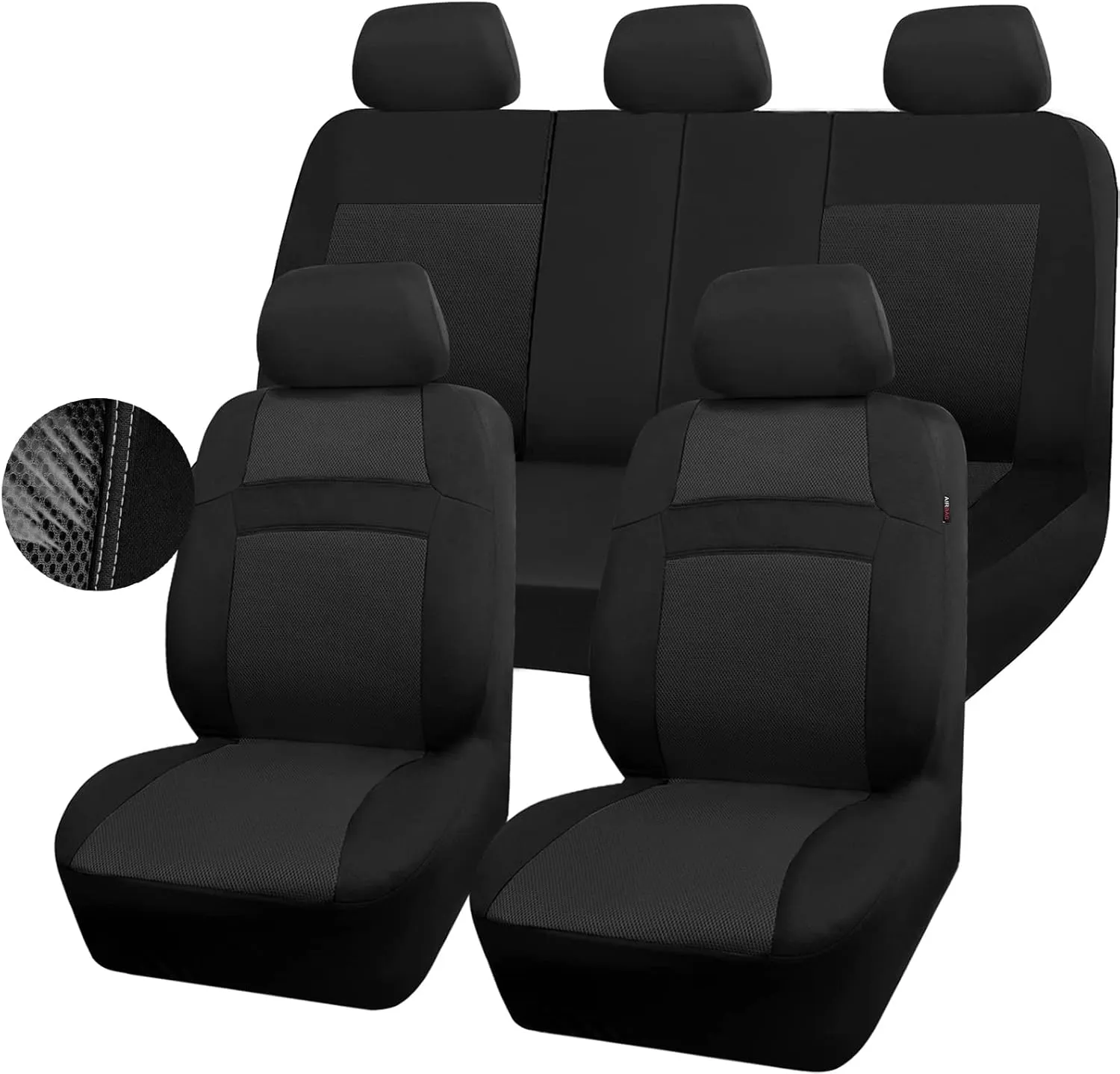 CAR PASS Seat Cover Full Sets, 3D Air Mesh Car Seat Cover with 5mm Composite Sponge Inside,Airbag Compatible Universal Fit for SUV,Vans,sedans, Trucks, Automotive Interior Covers(All Black)