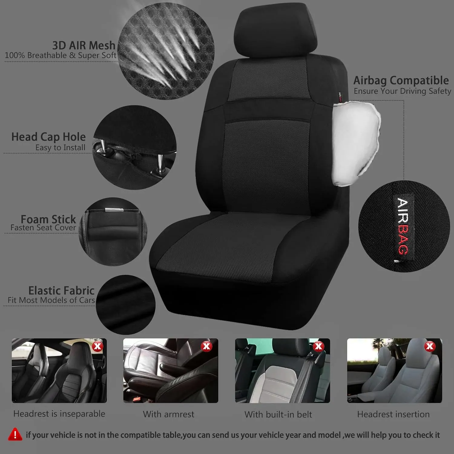CAR PASS Seat Cover Full Sets, 3D Air Mesh Car Seat Cover with 5mm Composite Sponge Inside,Airbag Compatible Universal Fit for SUV,Vans,sedans, Trucks, Automotive Interior Covers(All Black)