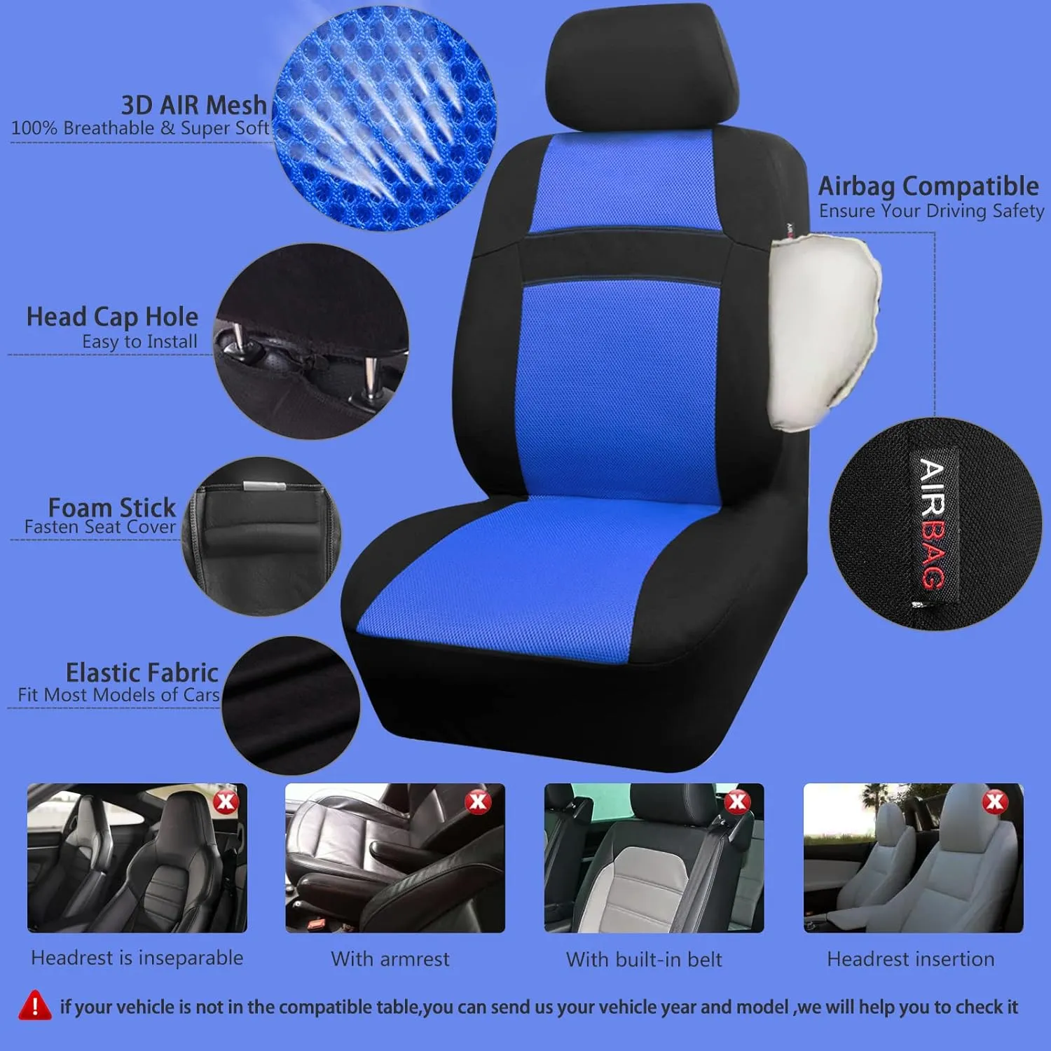 CAR PASS Seat Cover Full Sets, 3D Air Mesh Car Seat Cover with 5mm Composite Sponge Inside,Airbag Compatible Universal Fit for SUV,Vans,sedans, Trucks, Automotive Interior Covers(Black Blue)