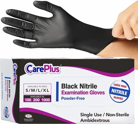 CARE PLUS Nitrile Exam Gloves - Powder & Latex-Free - Disposable & All Purpose - Black/Blue - S, M, L, XL - 100, 200, 1000