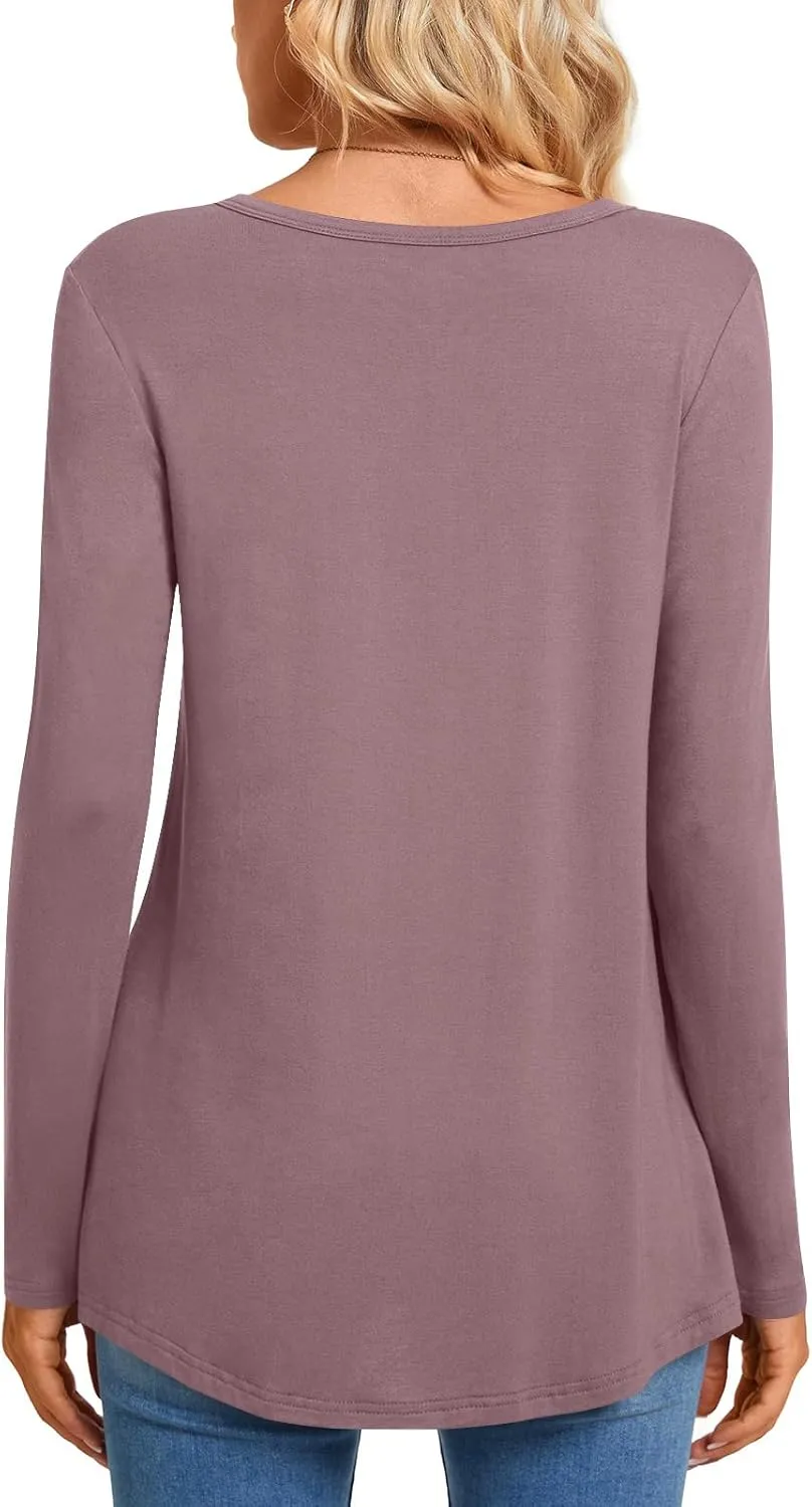 CATHY Womens Long Sleeve Tunic Tops Henley Shirt V-neck Button Down Blouse Casual Pleated Basic Pullover