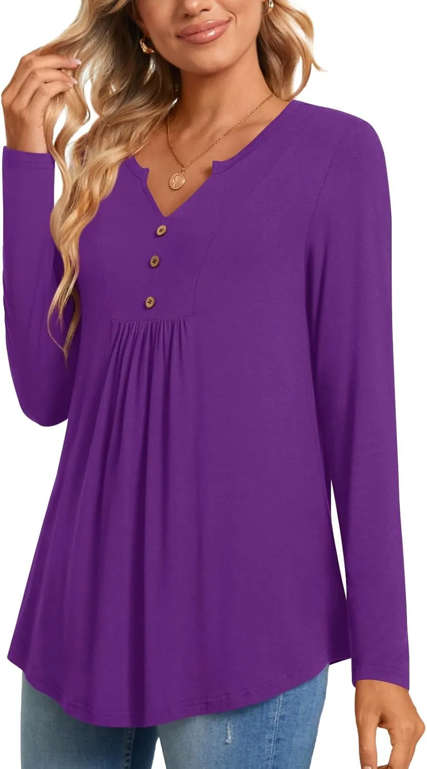 CATHY Womens Long Sleeve Tunic Tops Henley Shirt V-neck Button Down Blouse Casual Pleated Basic Pullover