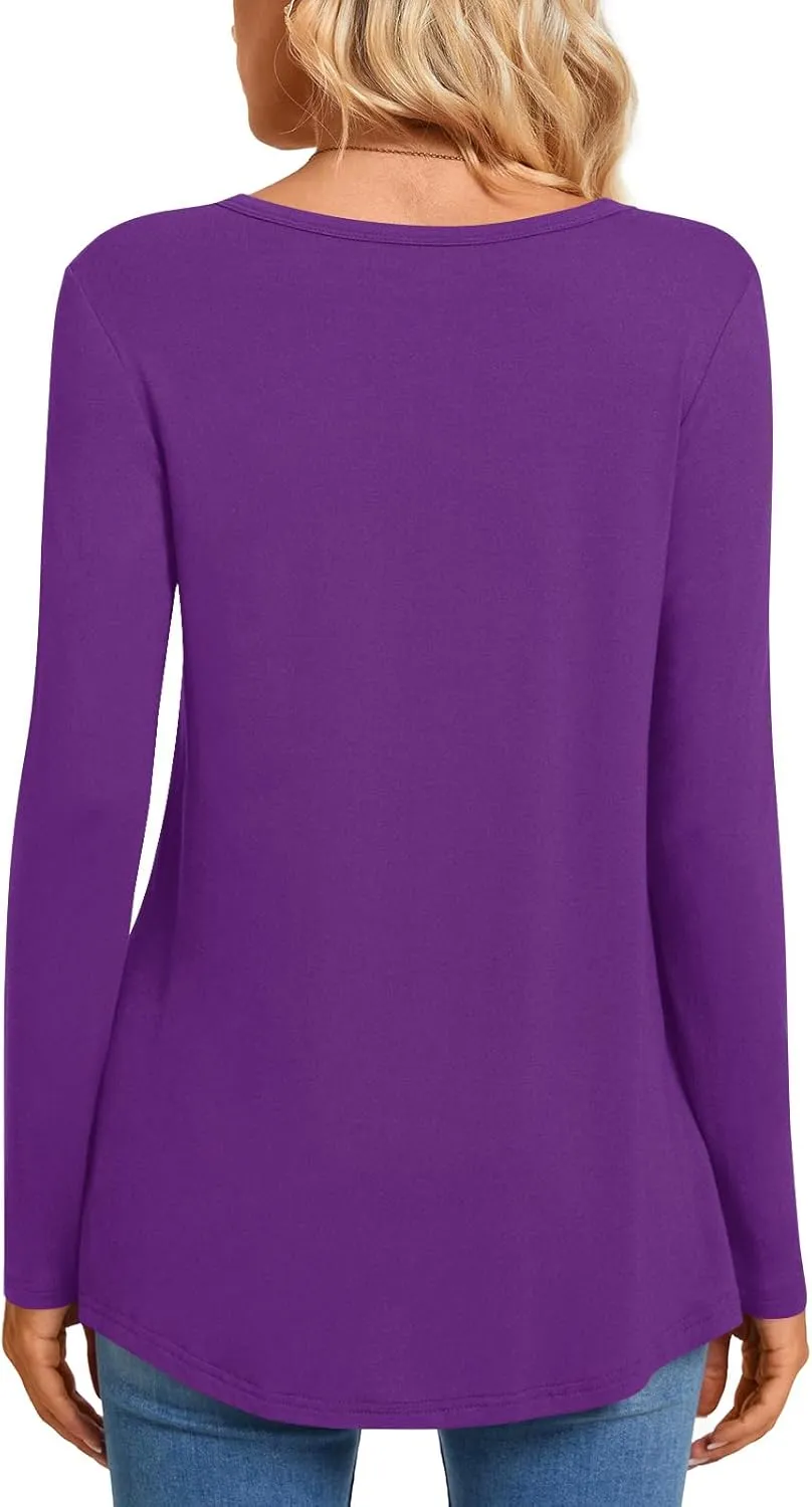 CATHY Womens Long Sleeve Tunic Tops Henley Shirt V-neck Button Down Blouse Casual Pleated Basic Pullover