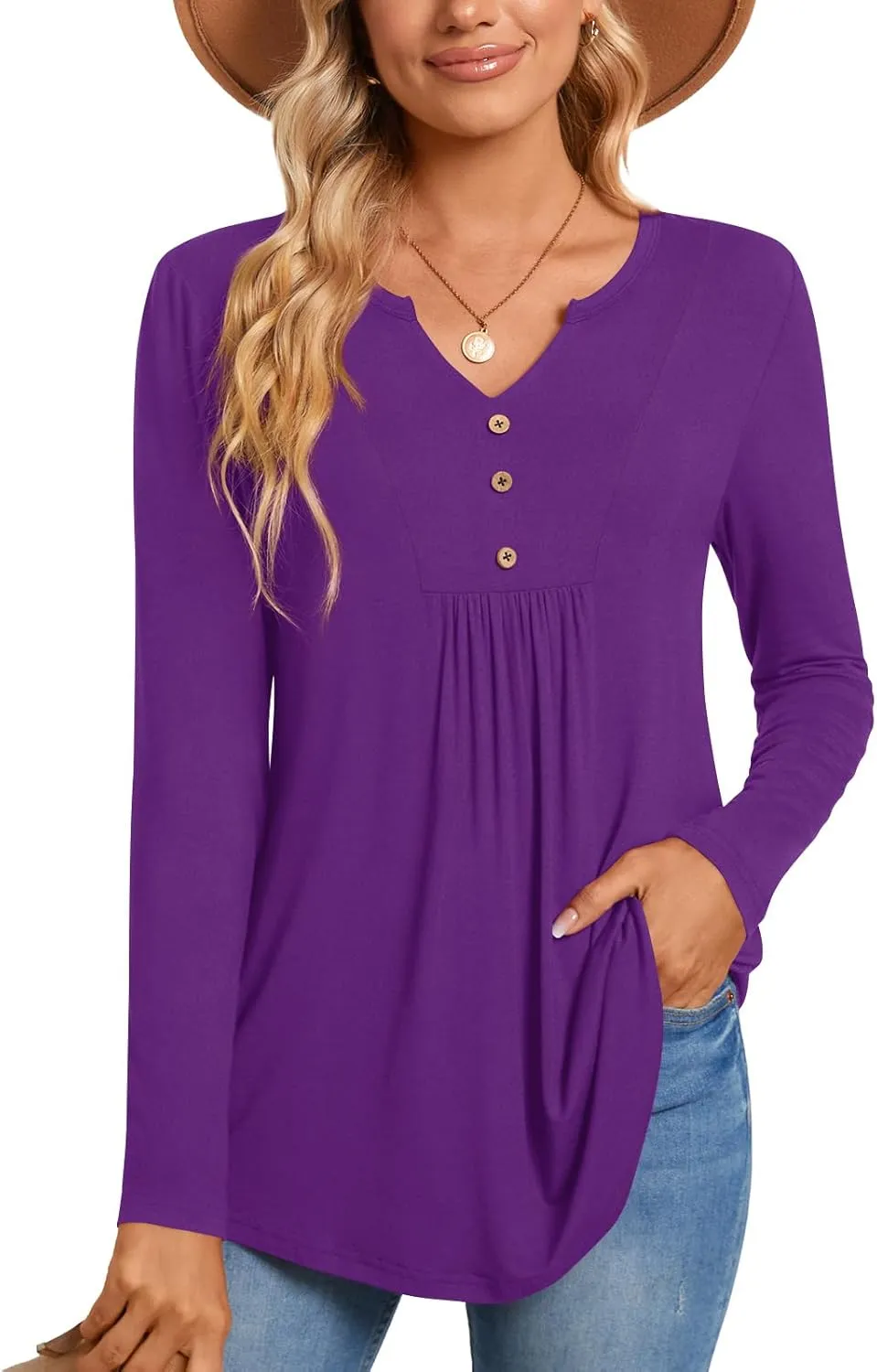 CATHY Womens Long Sleeve Tunic Tops Henley Shirt V-neck Button Down Blouse Casual Pleated Basic Pullover