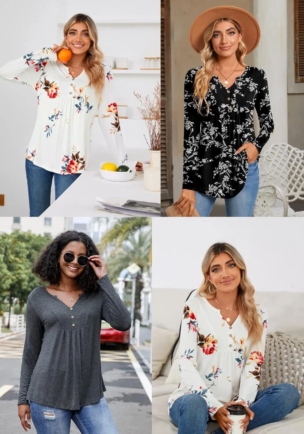 CATHY Womens Long Sleeve Tunic Tops Henley Shirt V-neck Button Down Blouse Casual Pleated Basic Pullover