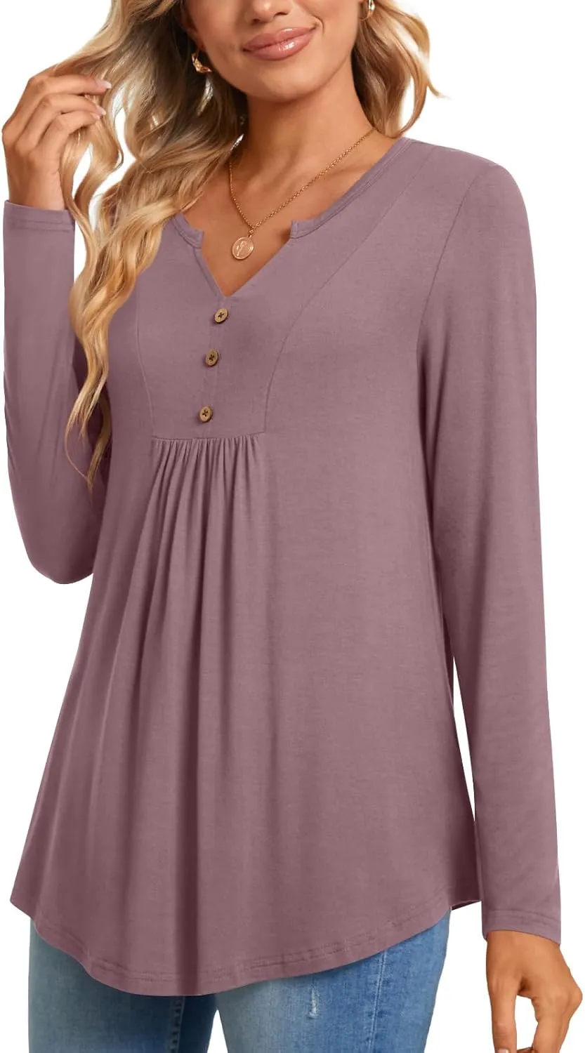CATHY Womens Long Sleeve Tunic Tops Henley Shirt V-neck Button Down Blouse Casual Pleated Basic Pullover