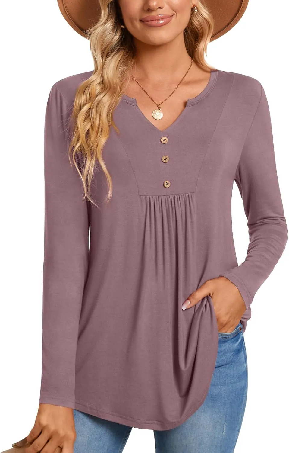 CATHY Womens Long Sleeve Tunic Tops Henley Shirt V-neck Button Down Blouse Casual Pleated Basic Pullover