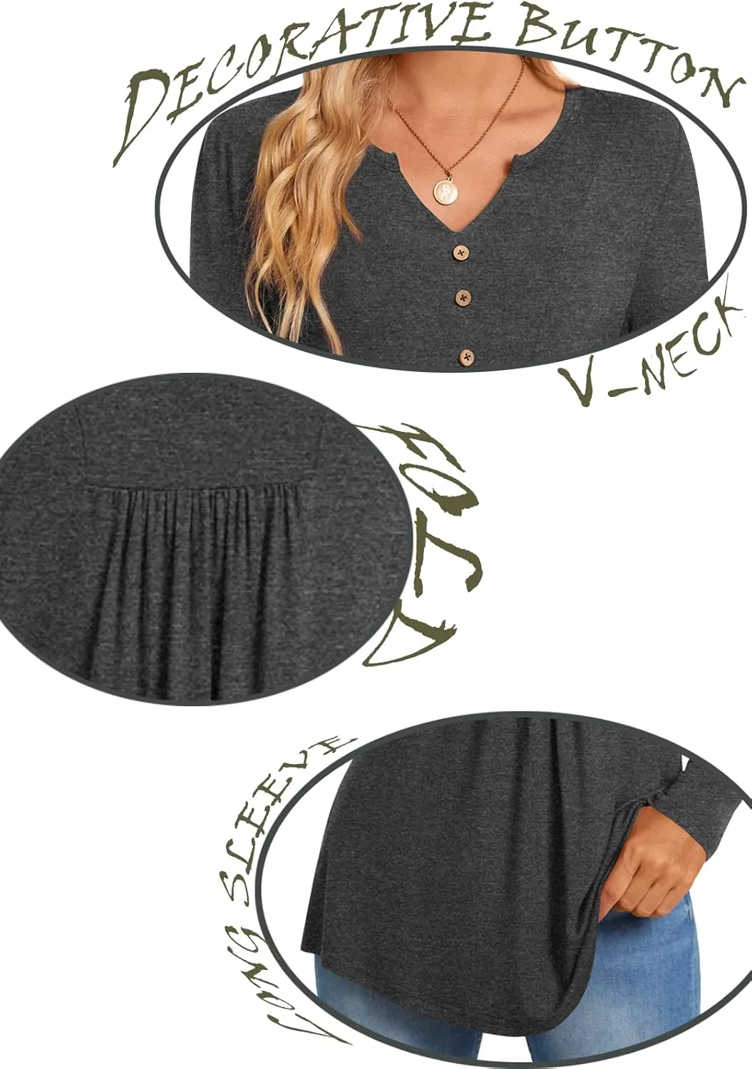 CATHY Womens Long Sleeve Tunic Tops Henley Shirt V-neck Button Down Blouse Casual Pleated Basic Pullover
