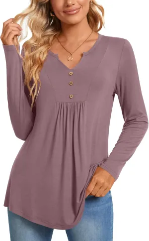 CATHY Womens Long Sleeve Tunic Tops Henley Shirt V-neck Button Down Blouse Casual Pleated Basic Pullover