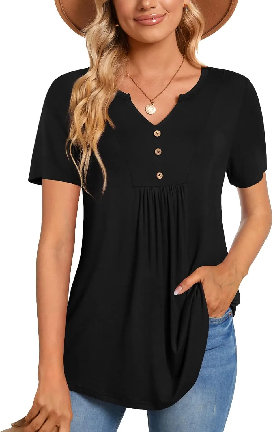 CATHY Womens Short Sleeve Tunic Tops Henley Shirt V Neck Button Up Blouse Casual Pleated Basic Pullover