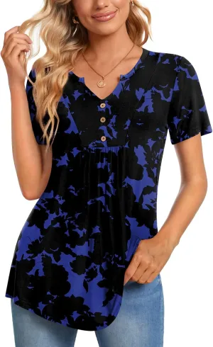 CATHY Womens Short Sleeve Tunic Tops Henley Shirt V Neck Button Up Blouse Casual Pleated Basic Pullover