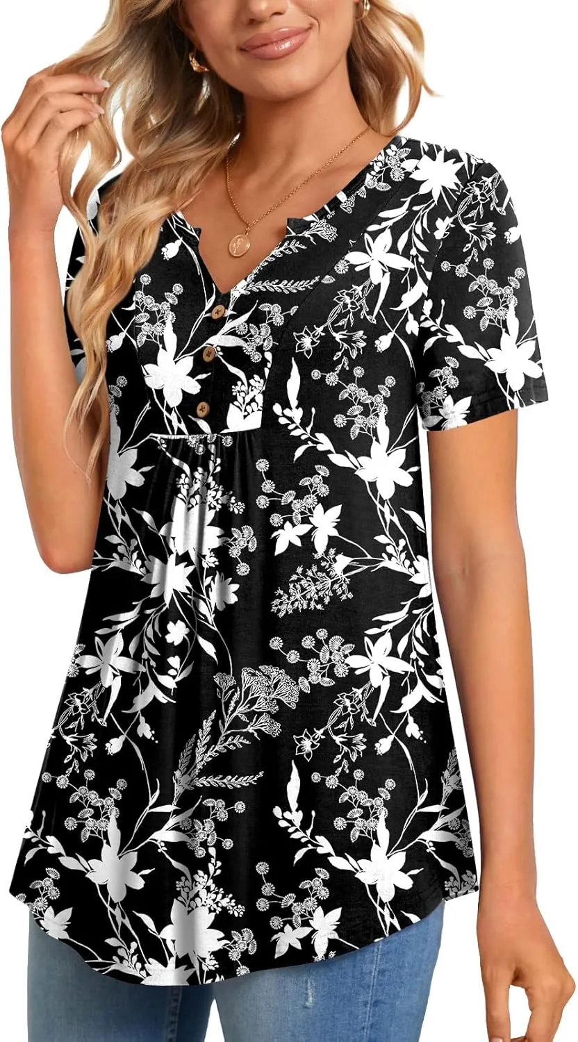 CATHY Womens Short Sleeve Tunic Tops Henley Shirt V Neck Button Up Blouse Casual Pleated Basic Pullover