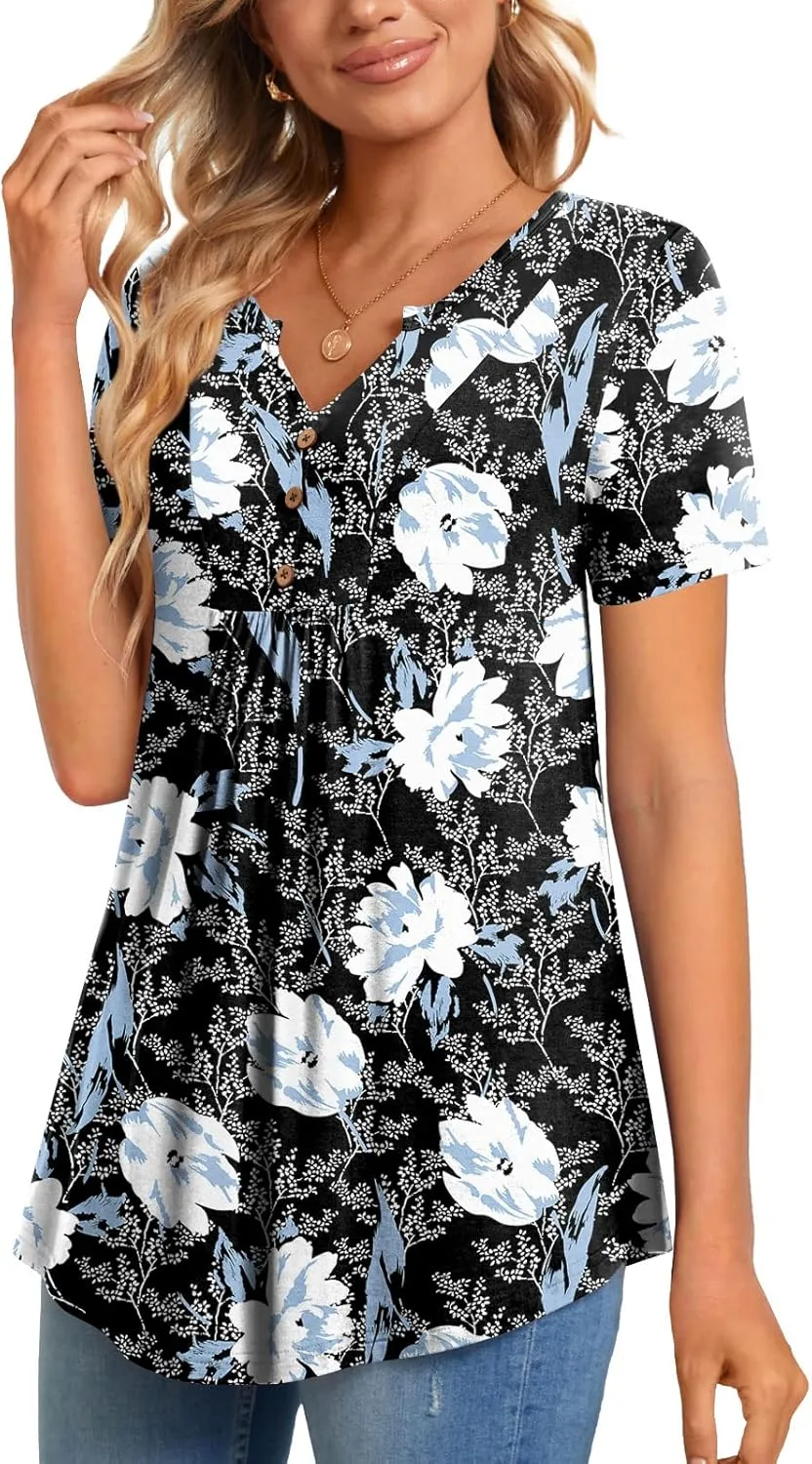 CATHY Womens Short Sleeve Tunic Tops Henley Shirt V Neck Button Up Blouse Casual Pleated Basic Pullover
