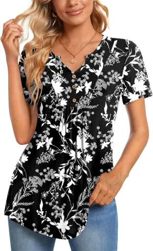 CATHY Womens Short Sleeve Tunic Tops Henley Shirt V Neck Button Up Blouse Casual Pleated Basic Pullover