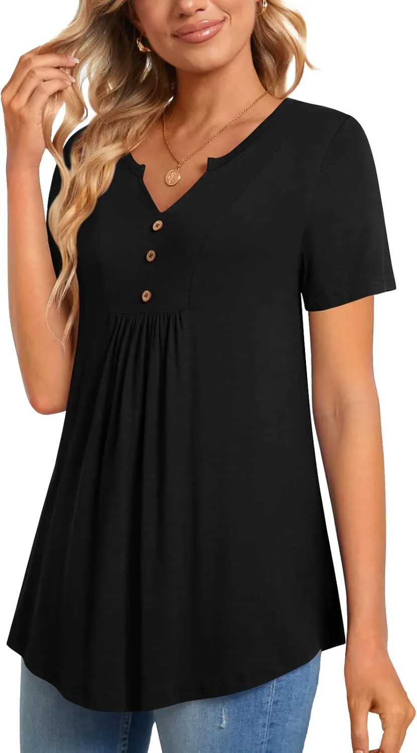 CATHY Womens Short Sleeve Tunic Tops Henley Shirt V Neck Button Up Blouse Casual Pleated Basic Pullover