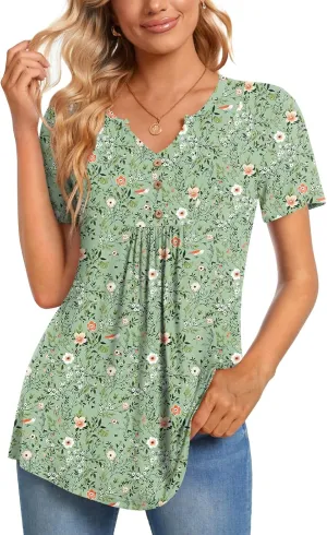 CATHY Womens Short Sleeve Tunic Tops Henley Shirt V Neck Button Up Blouse Casual Pleated Basic Pullover