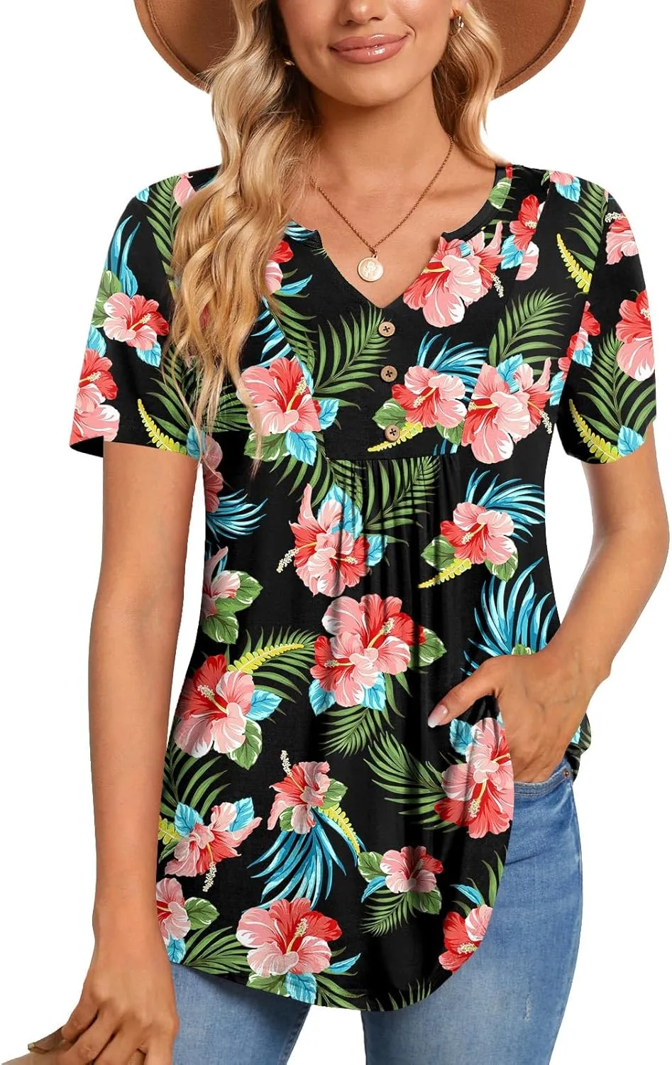 CATHY Womens Short Sleeve Tunic Tops Henley Shirt V Neck Button Up Blouse Casual Pleated Basic Pullover