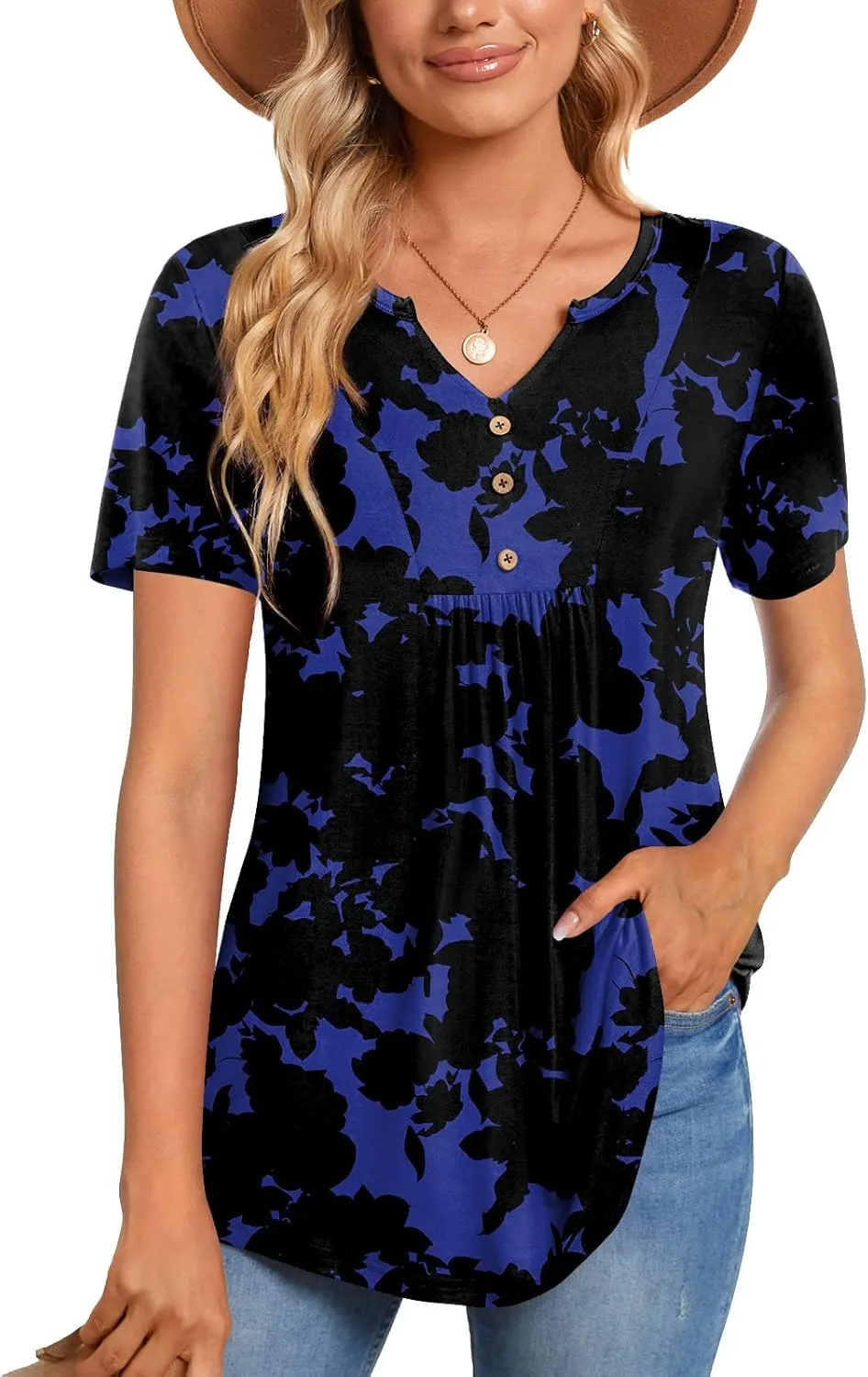 CATHY Womens Short Sleeve Tunic Tops Henley Shirt V Neck Button Up Blouse Casual Pleated Basic Pullover