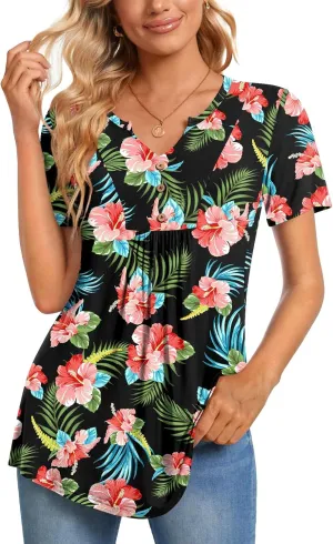 CATHY Womens Short Sleeve Tunic Tops Henley Shirt V Neck Button Up Blouse Casual Pleated Basic Pullover