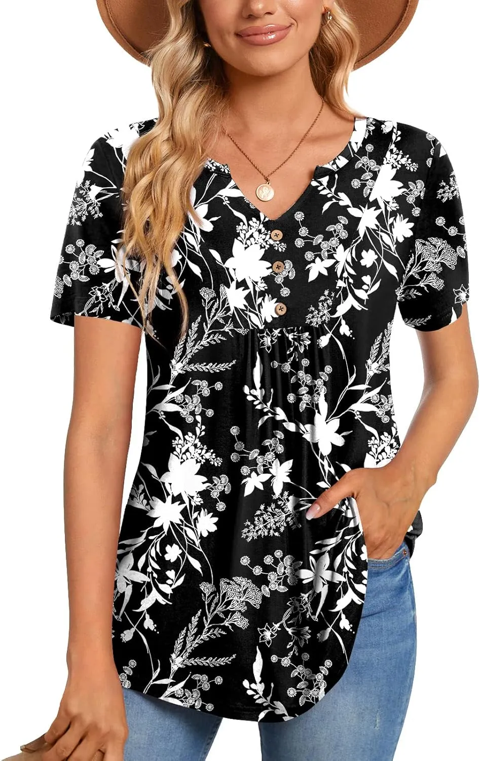 CATHY Womens Short Sleeve Tunic Tops Henley Shirt V Neck Button Up Blouse Casual Pleated Basic Pullover