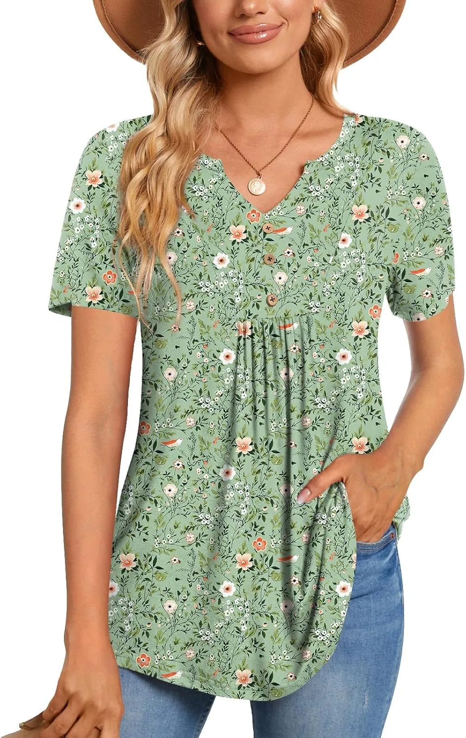 CATHY Womens Short Sleeve Tunic Tops Henley Shirt V Neck Button Up Blouse Casual Pleated Basic Pullover