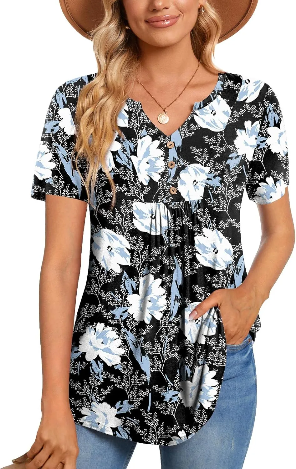 CATHY Womens Short Sleeve Tunic Tops Henley Shirt V Neck Button Up Blouse Casual Pleated Basic Pullover