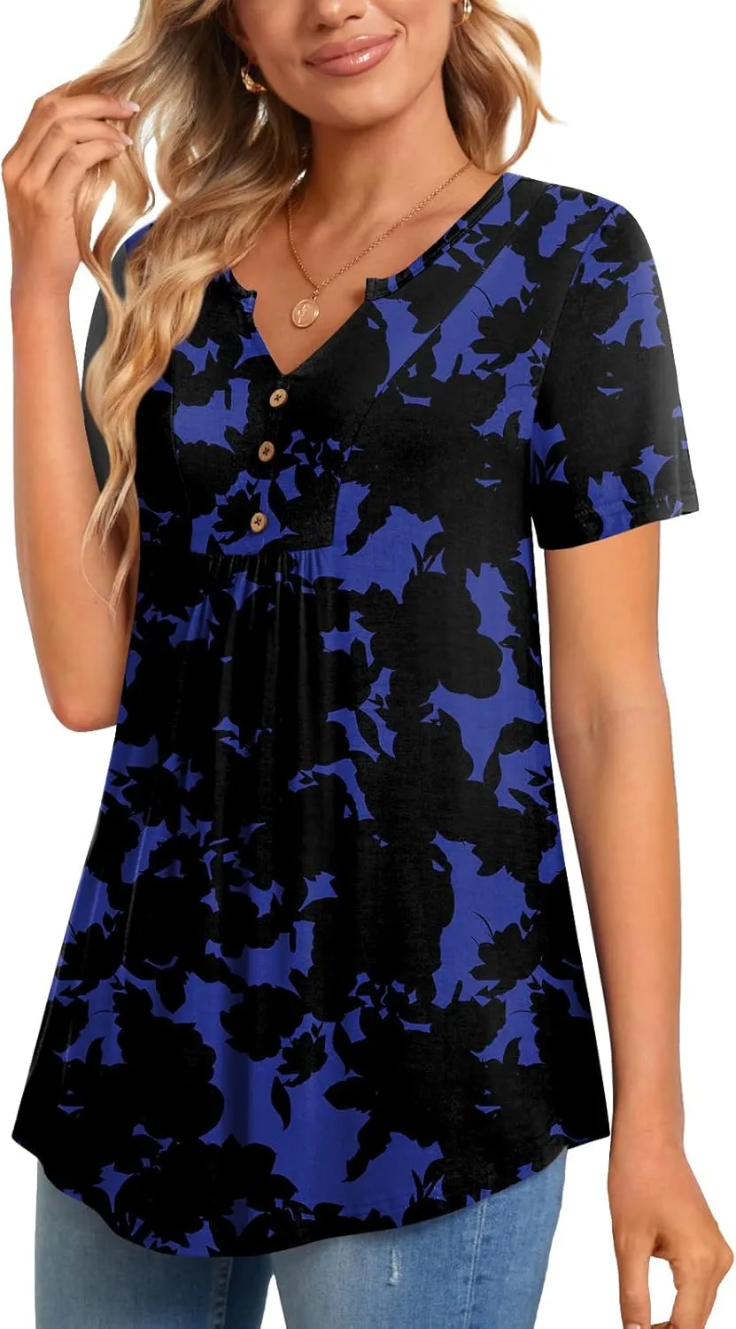 CATHY Womens Short Sleeve Tunic Tops Henley Shirt V Neck Button Up Blouse Casual Pleated Basic Pullover