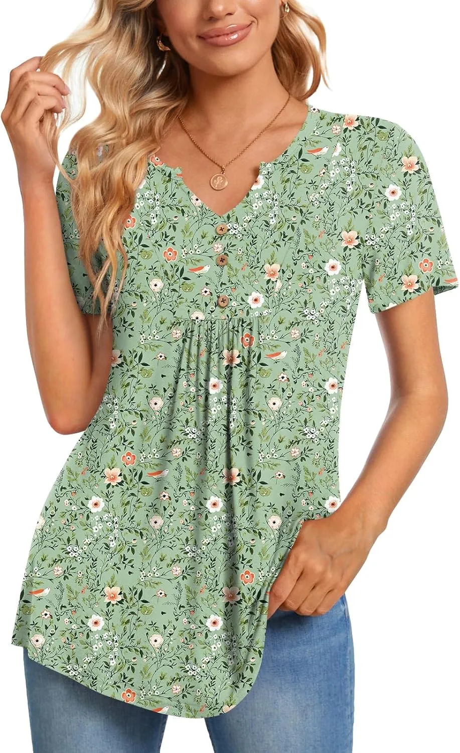 CATHY Womens Short Sleeve Tunic Tops Henley Shirt V Neck Button Up Blouse Casual Pleated Basic Pullover
