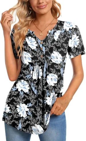 CATHY Womens Short Sleeve Tunic Tops Henley Shirt V Neck Button Up Blouse Casual Pleated Basic Pullover