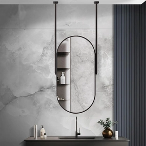 Ceiling Mounted Mirror with Ceiling Hanging Rod, Wall Oval Vanity Mirrors Make-up Shaving Mirrors Cosmetic Decorative Mirrors for Bathroom Living Room - with Black Metal Frame ( Size : 50cmx70cm )