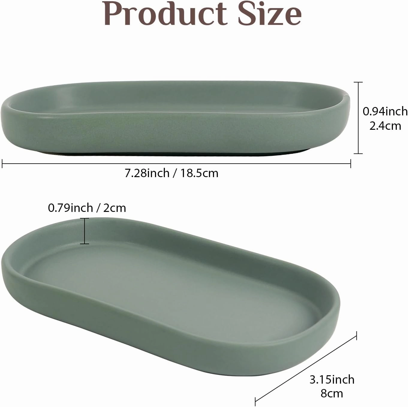 Ceramic Jewelry Dish Set of 2 – Oval Trinket Holder for Vanity, Perfume, Keys, Rings, Watch, Dish Soap, Kitchen & Bathroom Counter – Matte Green