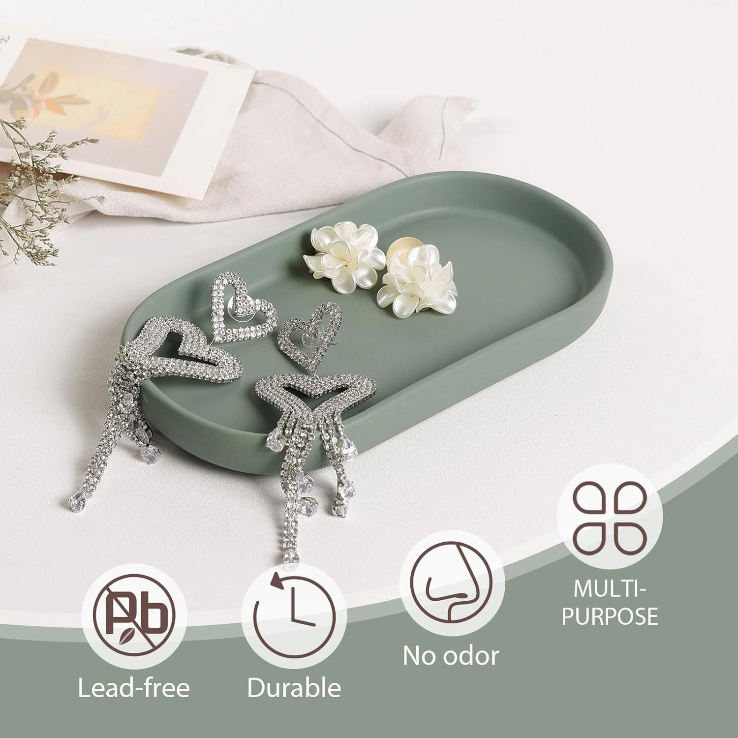 Ceramic Jewelry Dish Set of 2 – Oval Trinket Holder for Vanity, Perfume, Keys, Rings, Watch, Dish Soap, Kitchen & Bathroom Counter – Matte Green